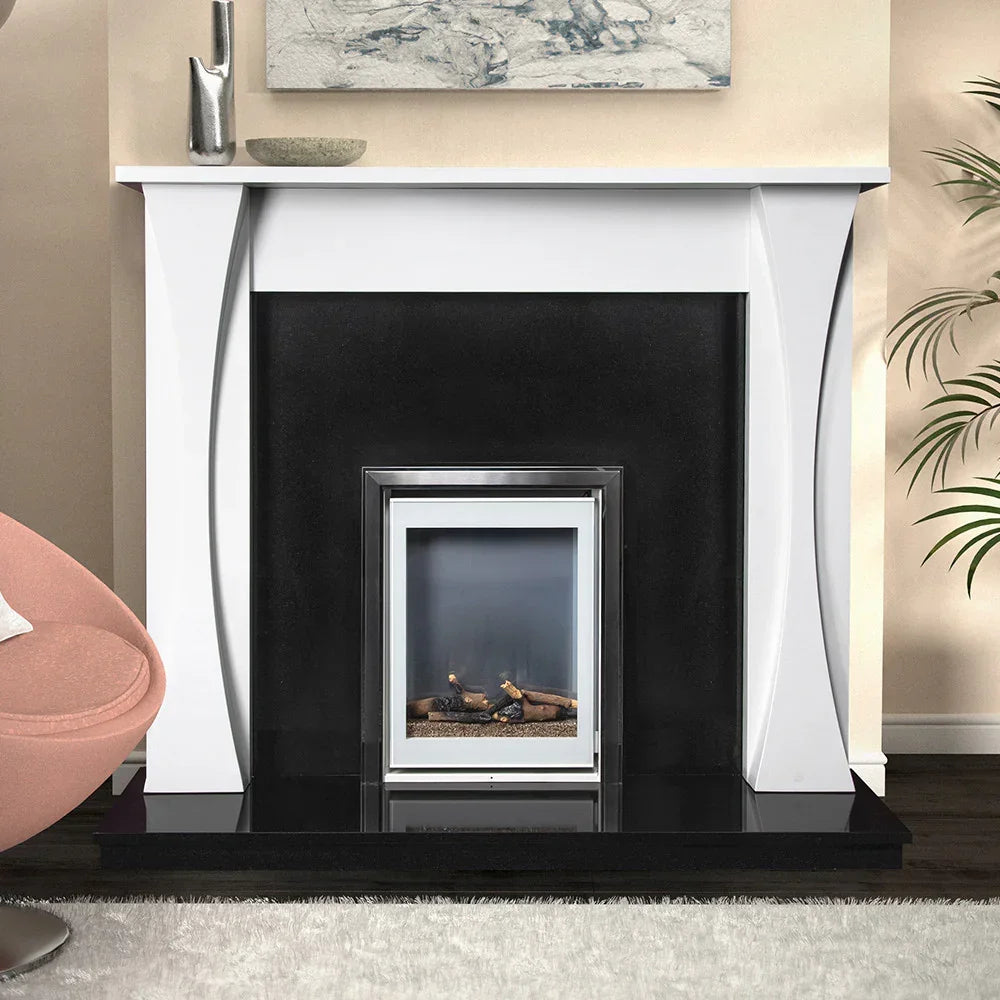 Athena 54 honed polar white fireplace with black surround and silver trim in living room