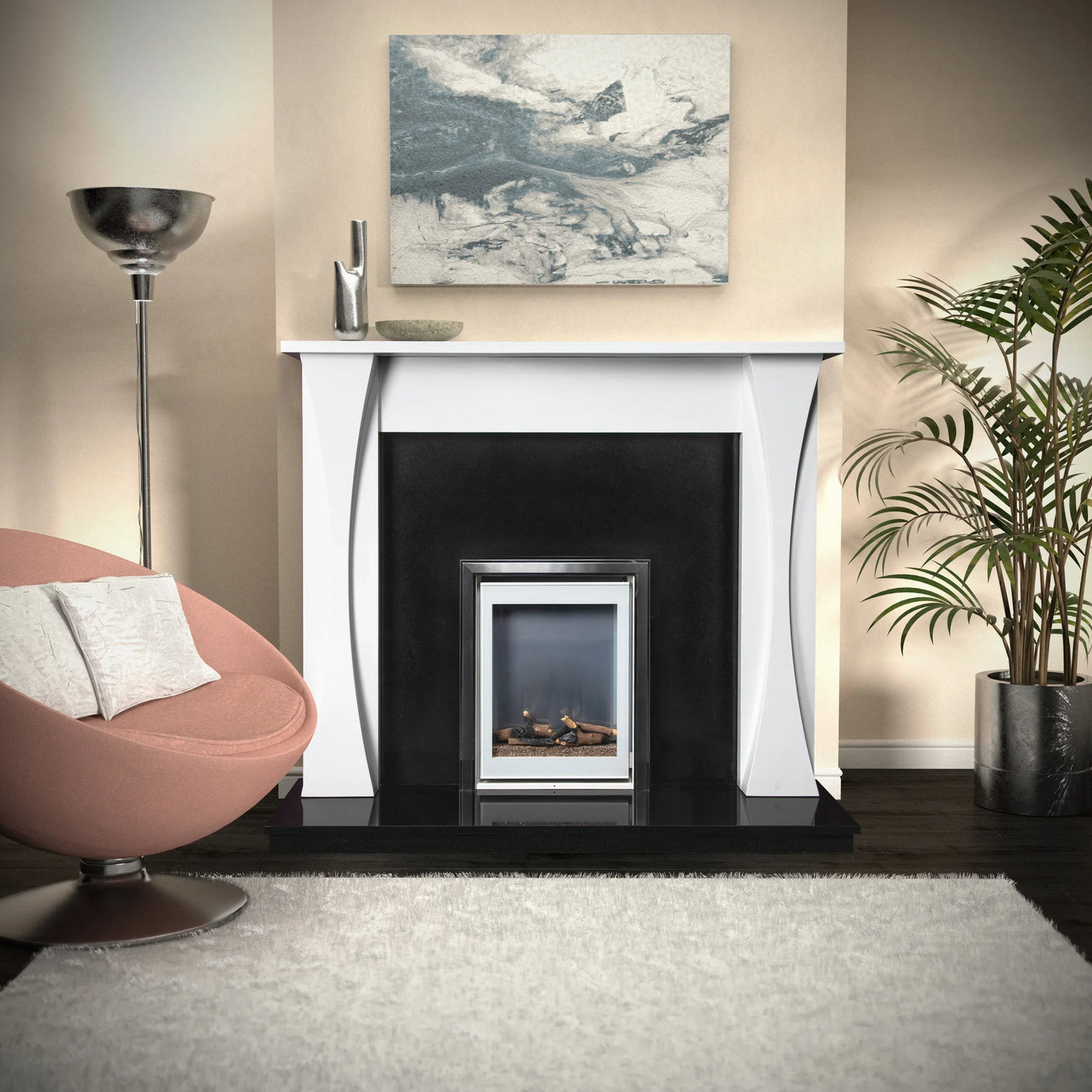 Athena honed polar white fireplace surround with black hearth in modern living room setting