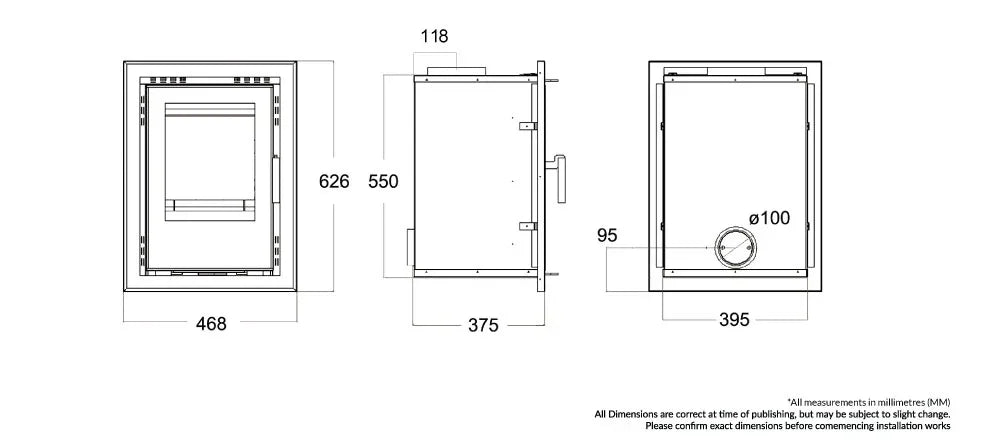 Athens stove technical drawing with front, side, and rear dimensions illustrated