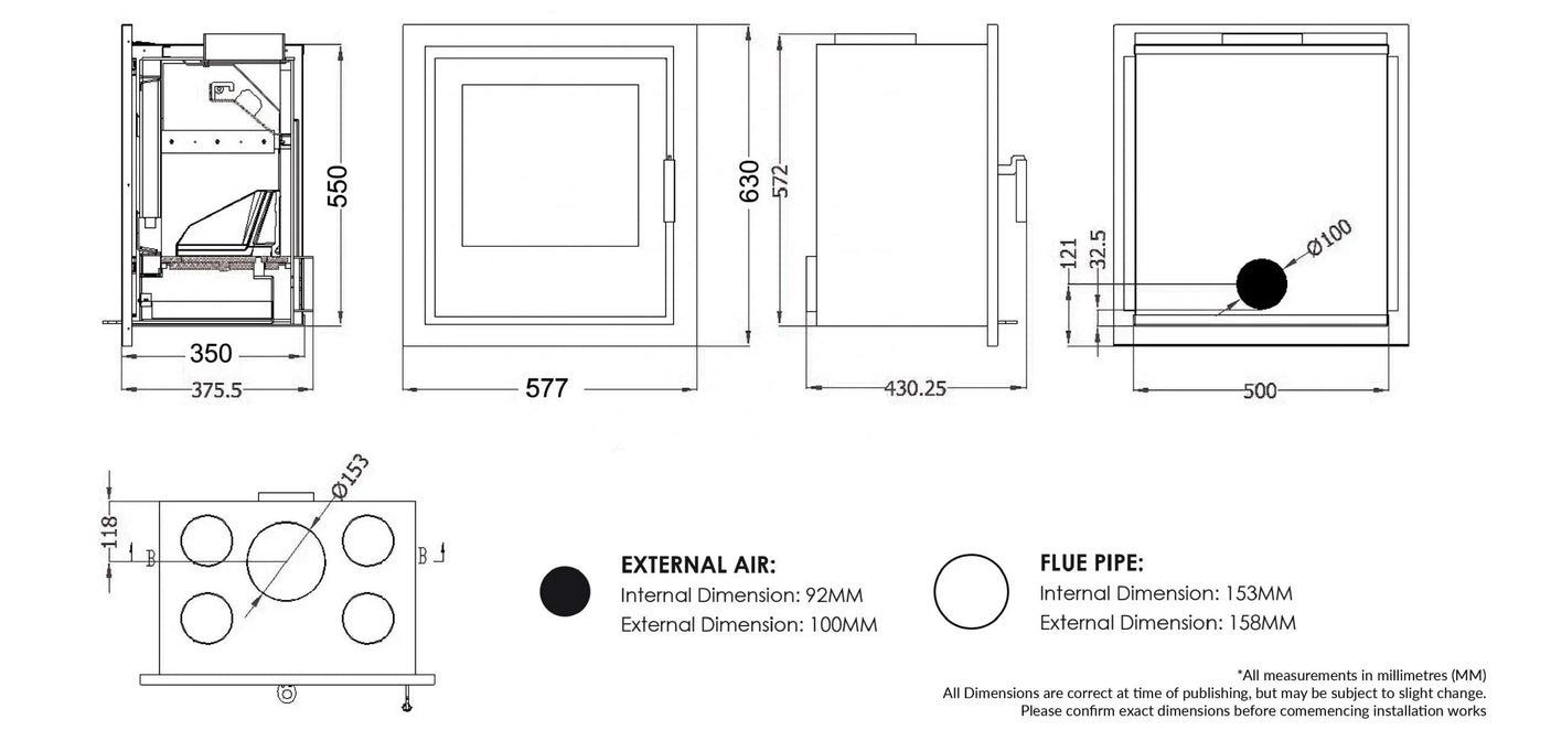Detailed stove technical drawing with measurements, flue pipe, and external air inlet dimensions