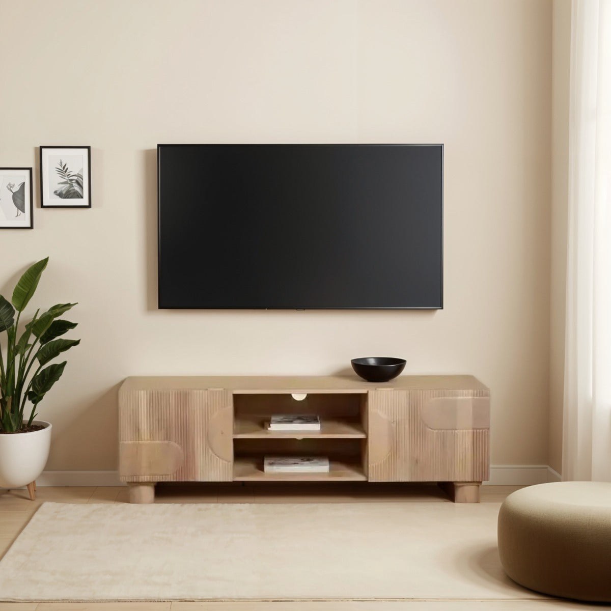 Austin Solid Wood TV Cabinet in light brown mango wood with fluted doors