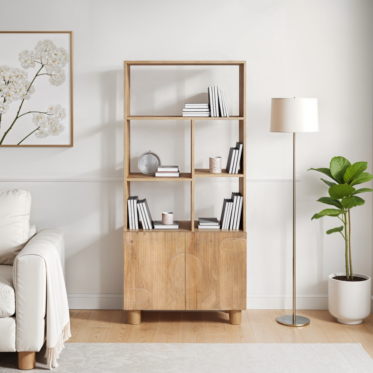 Austin Solid Wood Bookcase in mango wood with fluted pattern