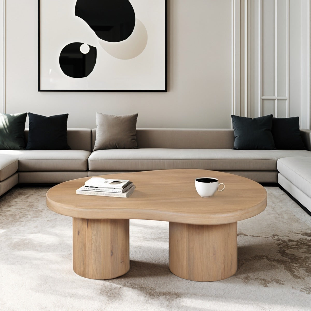 Austin Solid Wood Coffee Table in a stylish living room setting, showcasing its unique fluted design and natural mango wood finish.