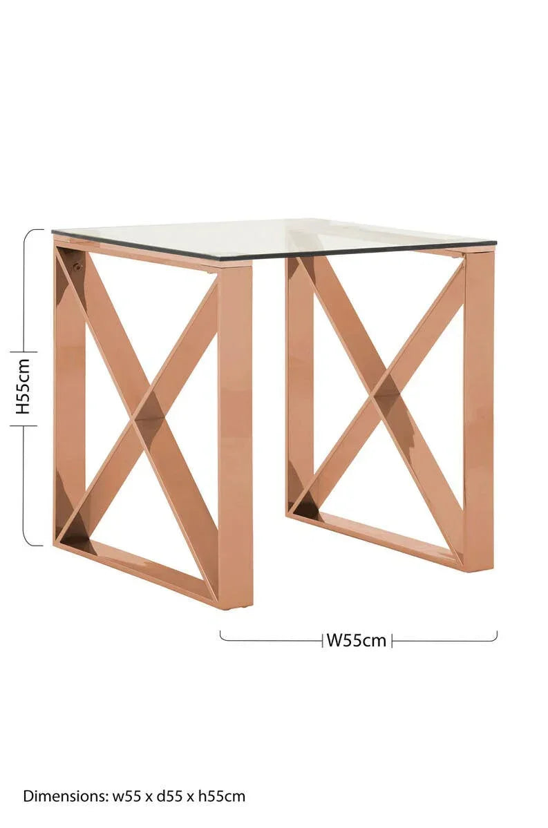 Square glass top side table with rose gold metal frame, cross pattern legs, 55x55x55cm