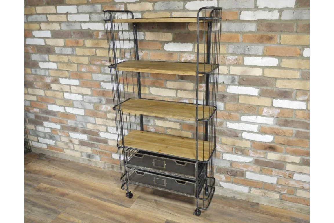 Industrial shelving unit with black metal frame, wood shelves, and storage drawers on casters