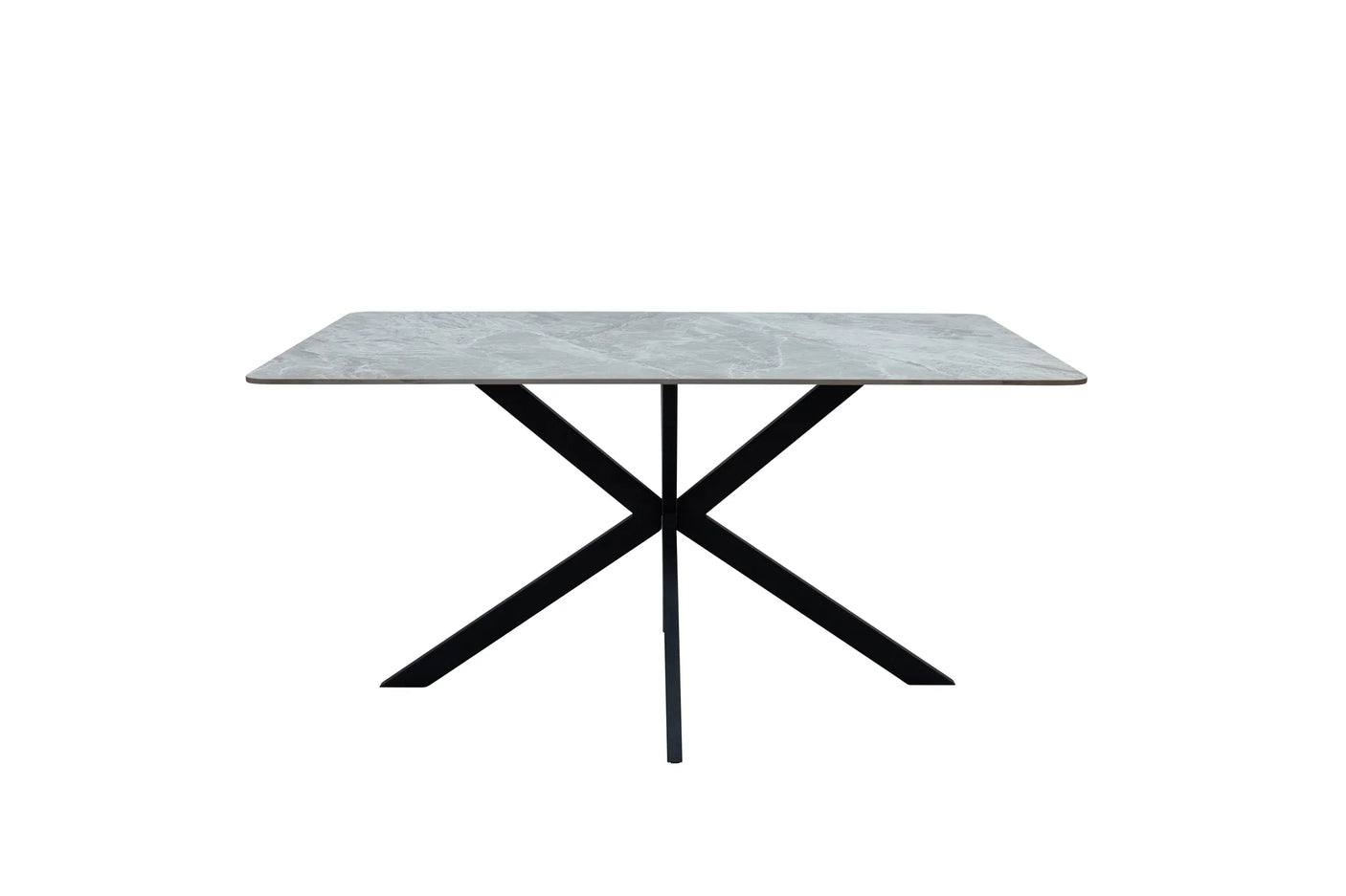 A rectangular dining table with a light gray marble-patterned top and a black metal X-shaped base, shown against a plain white background.