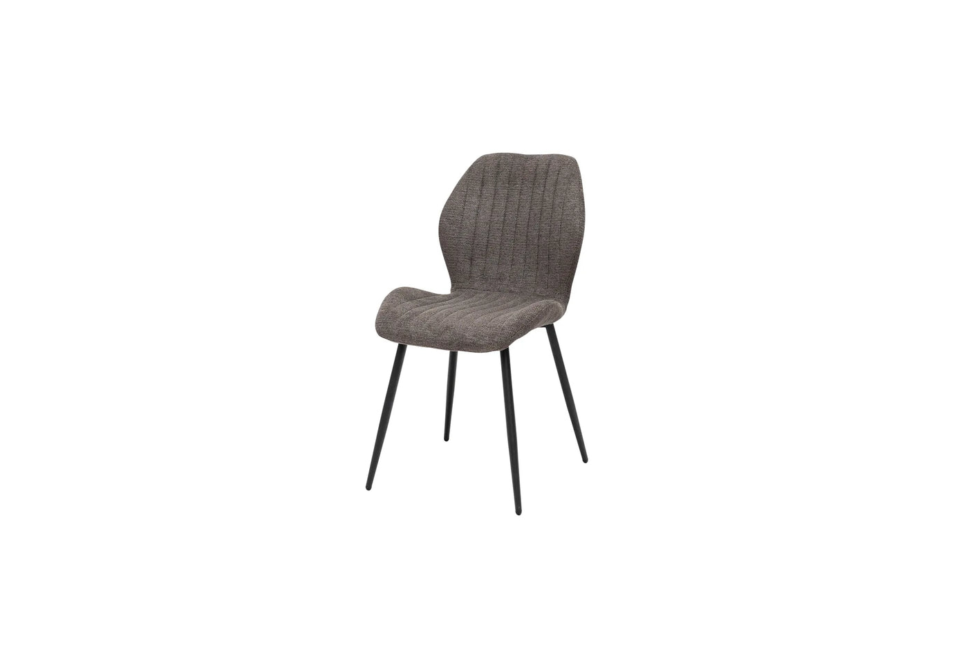 A modern dining chair with a textured gray upholstered seat and a curved backrest, supported by four slim black metal legs, shown against a plain white background.