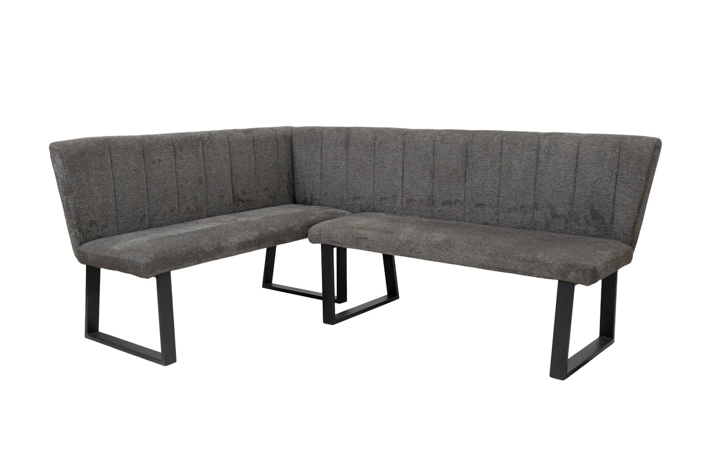 An L-shaped corner banquette bench with dark gray upholstered seat and backrests and black metal legs, shown against a plain white background.