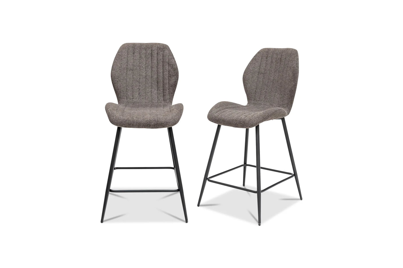 Two gray bar stools with black metal legs on a white background