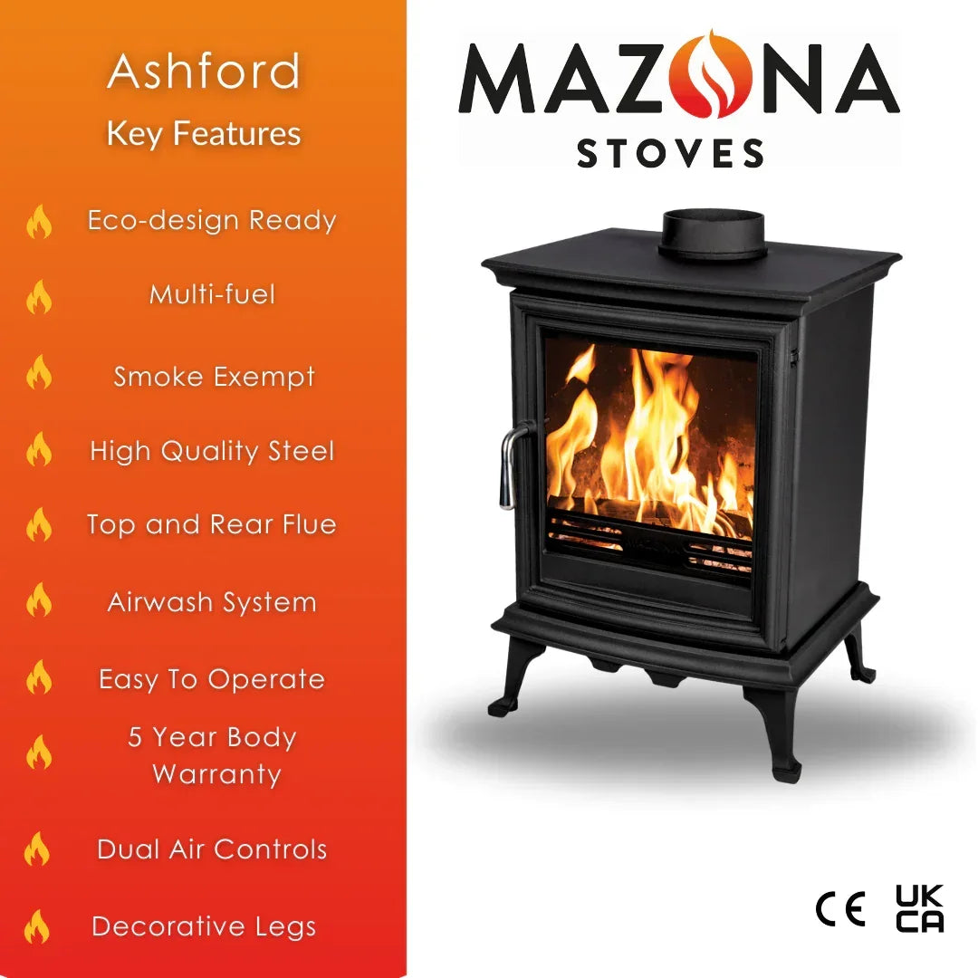 Black Ashford 5kW multi-fuel stove with glass door, decorative legs, and visible flames