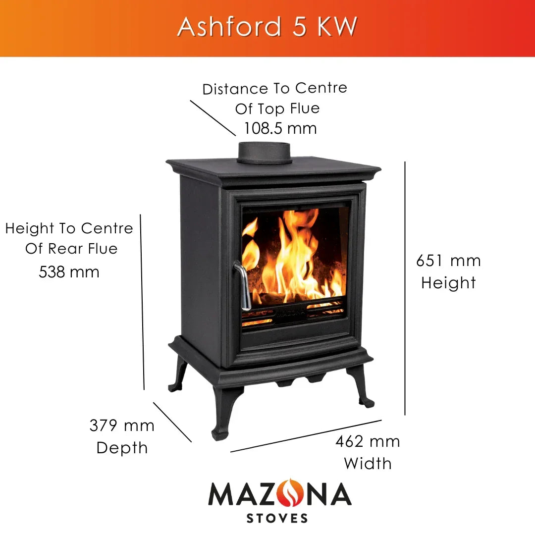 Black 5kW wood burning stove with glass door, fire inside, and labeled dimensions
