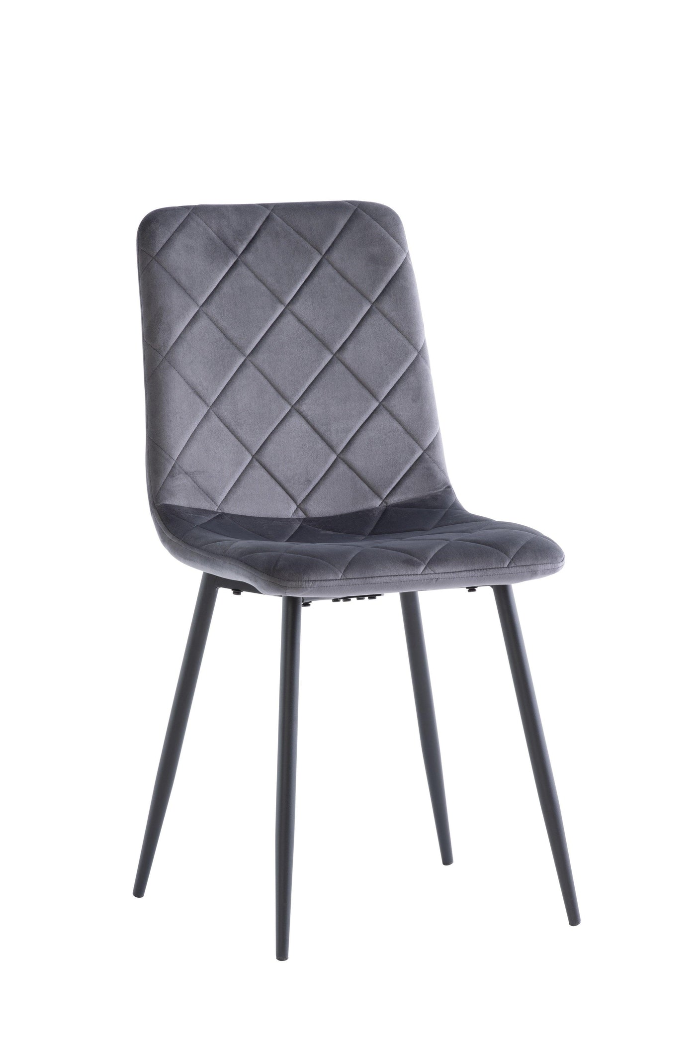 Grey velvet dining chair with diamond stitching and black metal legs