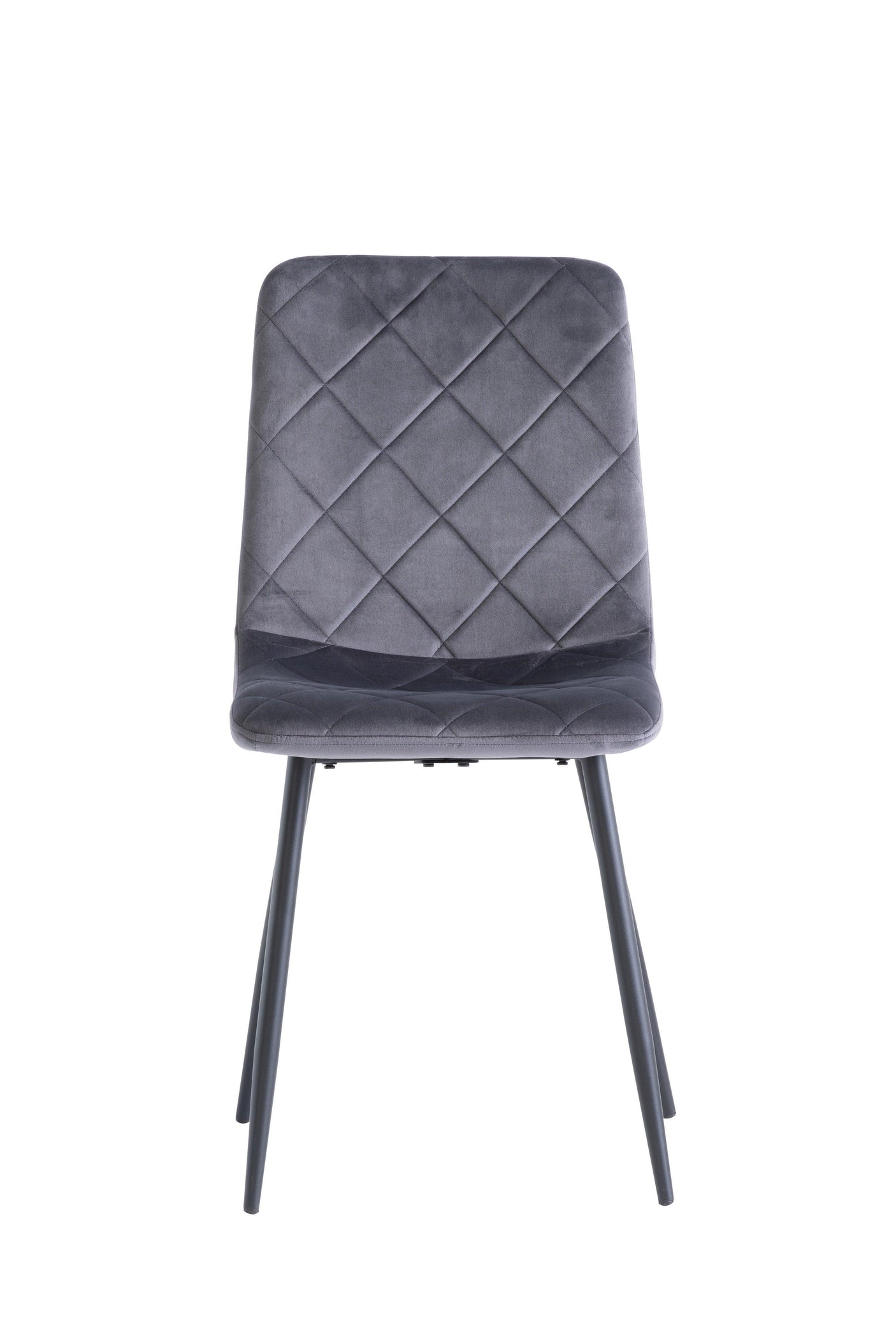 Grey velvet dining chair with diamond stitch detail and black metal legs, front view
