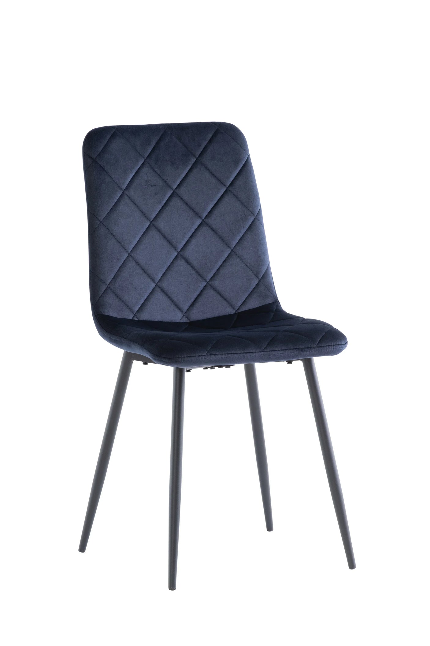 Navy velvet dining chair with diamond-stitched upholstery and black metal legs