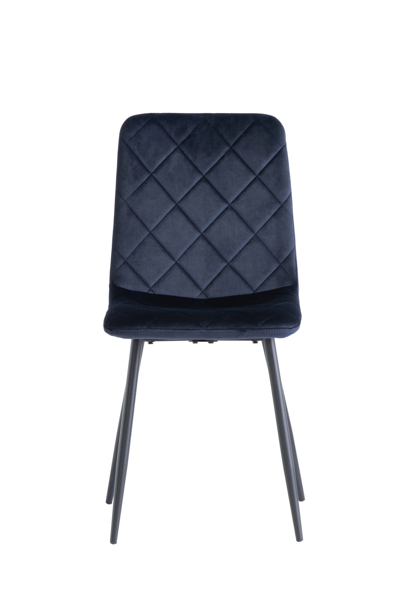 Navy blue velvet dining chair with diamond quilted backrest and black metal legs, front view