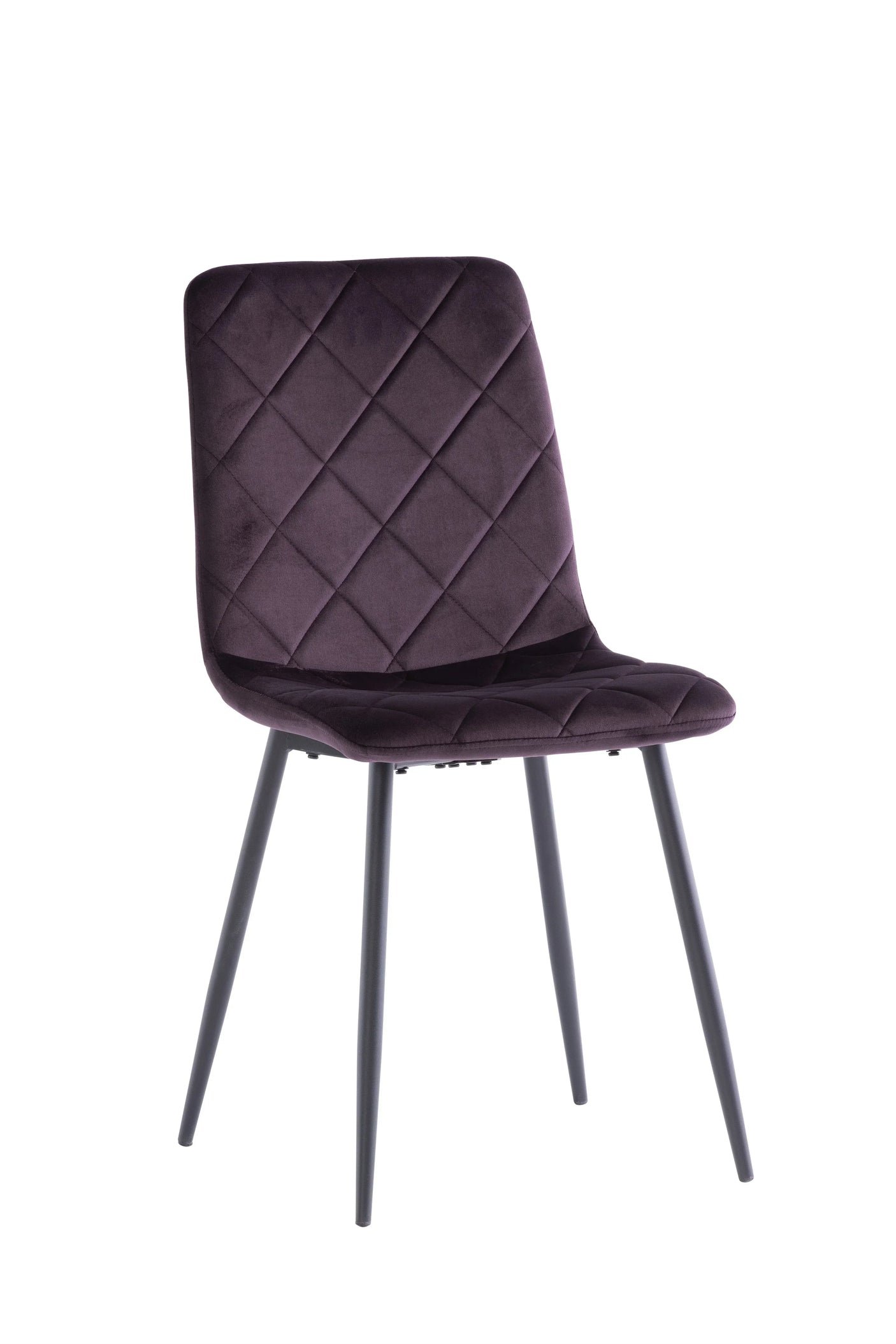 Dark purple velvet dining chair with diamond stitching and black metal legs front view