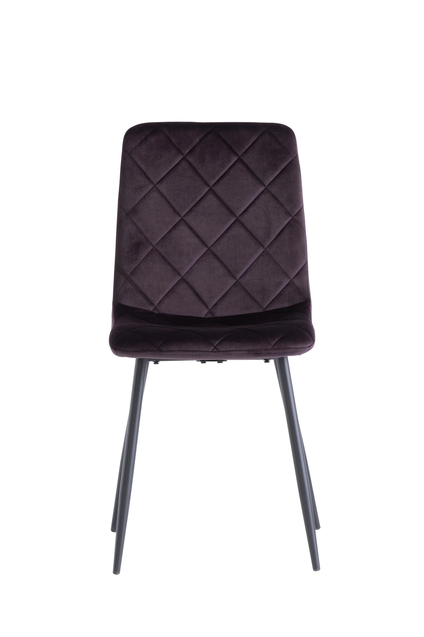 Plum velvet dining chair with diamond-stitched backrest and black metal legs, front view