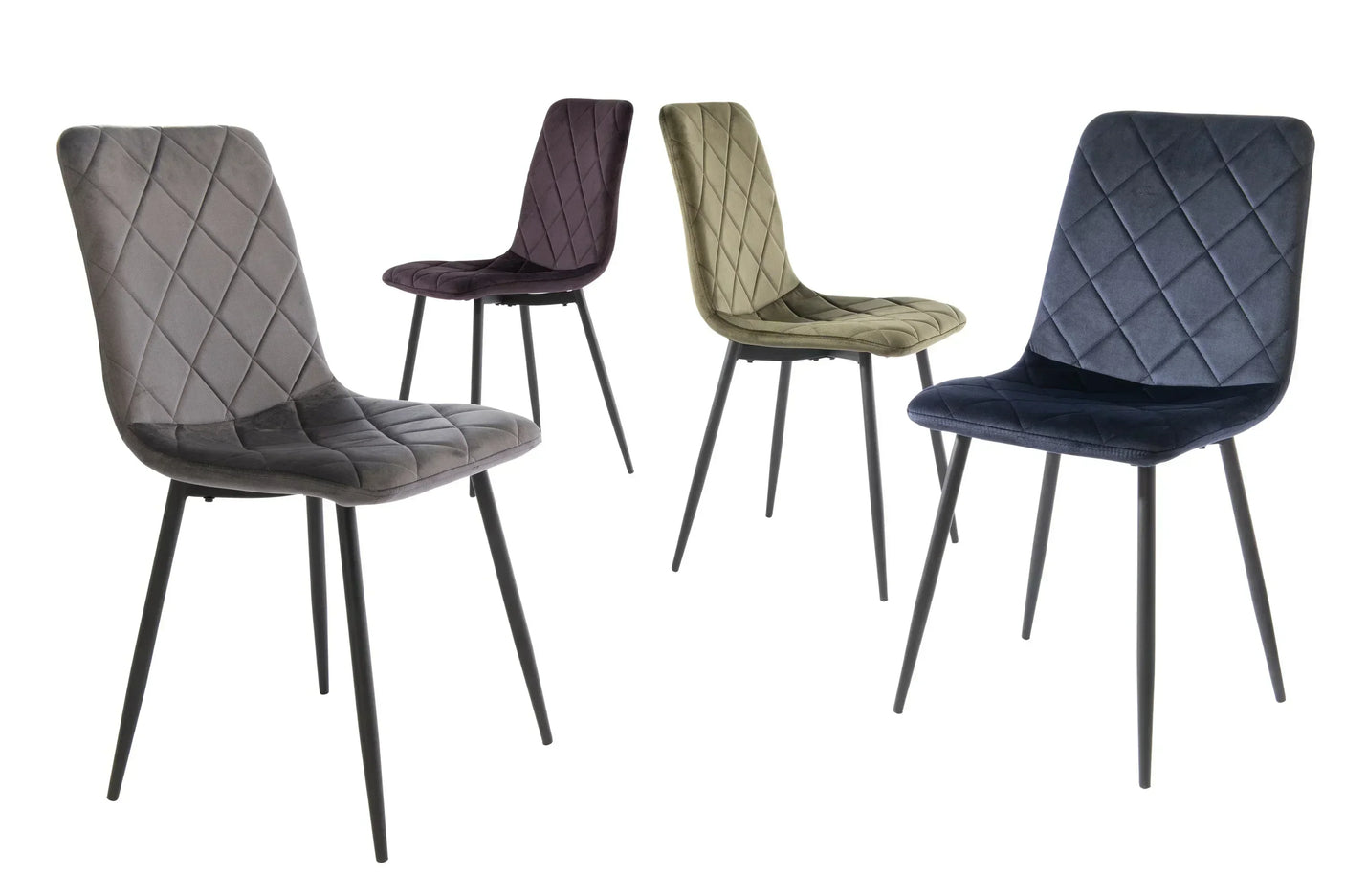 Set of four velvet dining chairs in grey, purple, olive, and navy with quilted seats