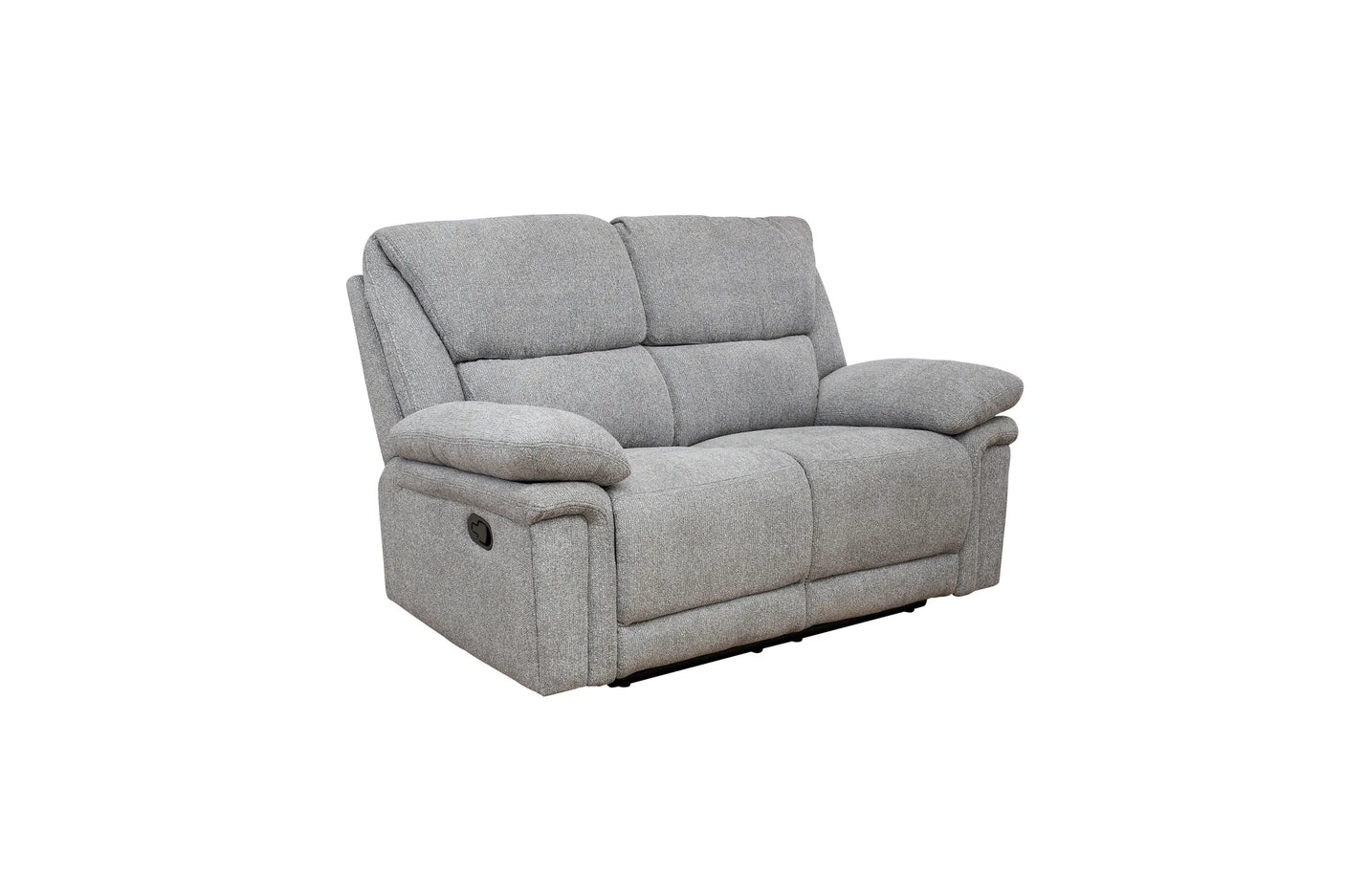 A light gray upholstered reclining loveseat with padded armrests and segmented back cushions, shown on a plain white background.