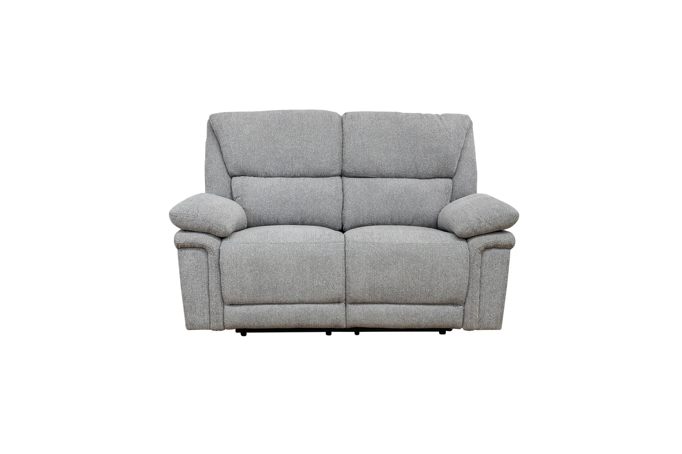 A light gray upholstered reclining loveseat sofa with two seat cushions, padded armrests, and a low profile, shown against a plain white background.