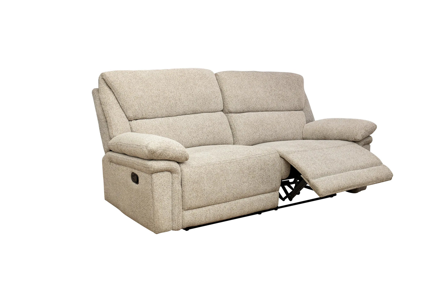 A beige upholstered reclining loveseat shown on a plain white background, with the right side reclined and footrest extended.