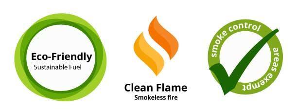 Eco-friendly logo, smokeless fire symbol, smoke control exemption badge for fuel products
