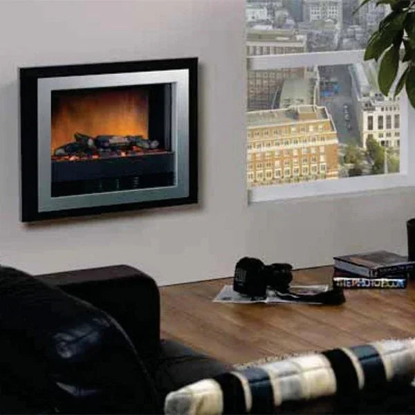 Wall mounted electric fire with silver frame in modern living room
