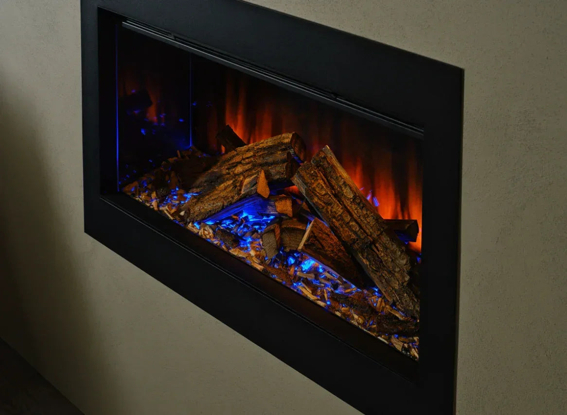 Electric fireplace with realistic log set, glowing embers, and blue LED accent lighting