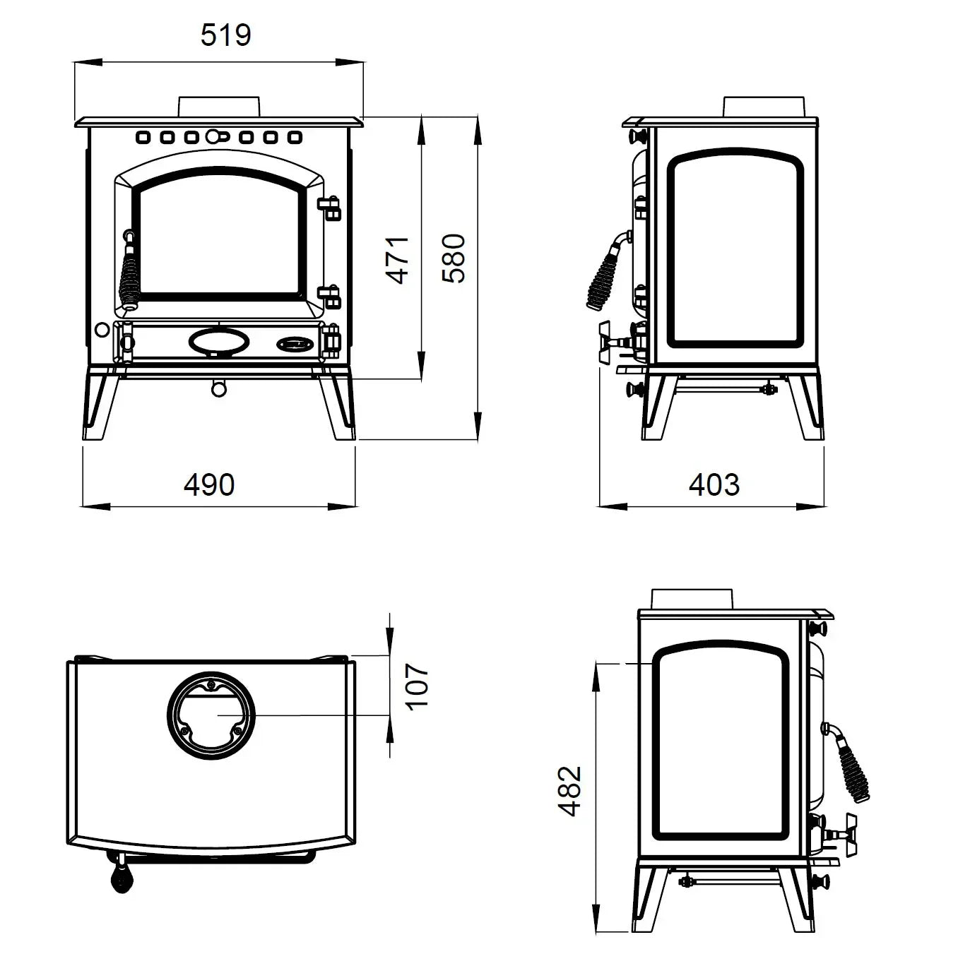 Black eco wood burning stove technical drawing, front, side, and top views with dimensions