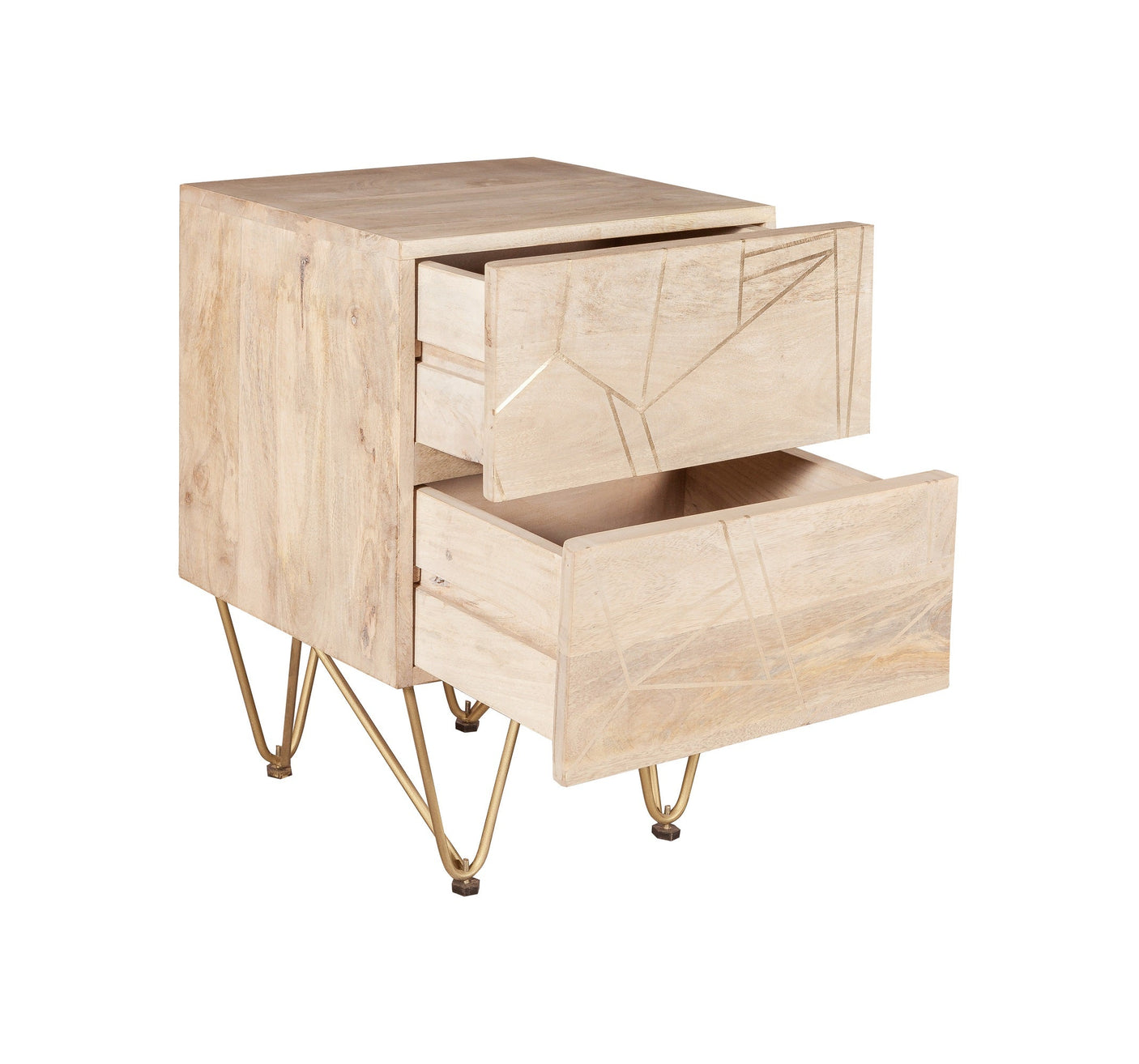 Modern light gold 2 drawer side table with metal inlay on solid wood