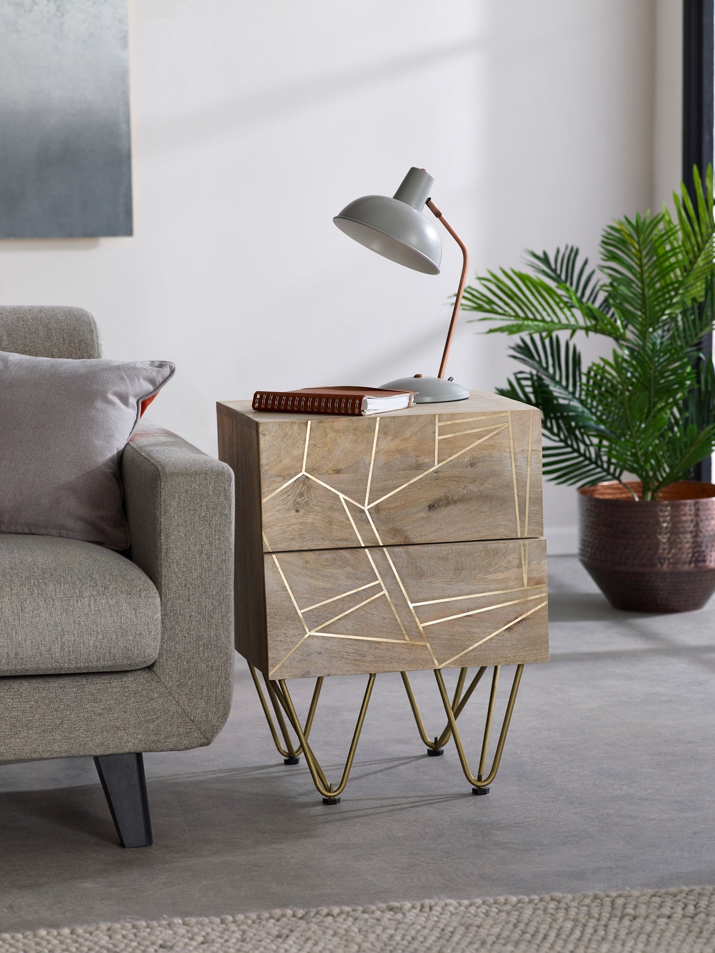 Modern light gold 2 drawer side table with metal inlay on solid wood