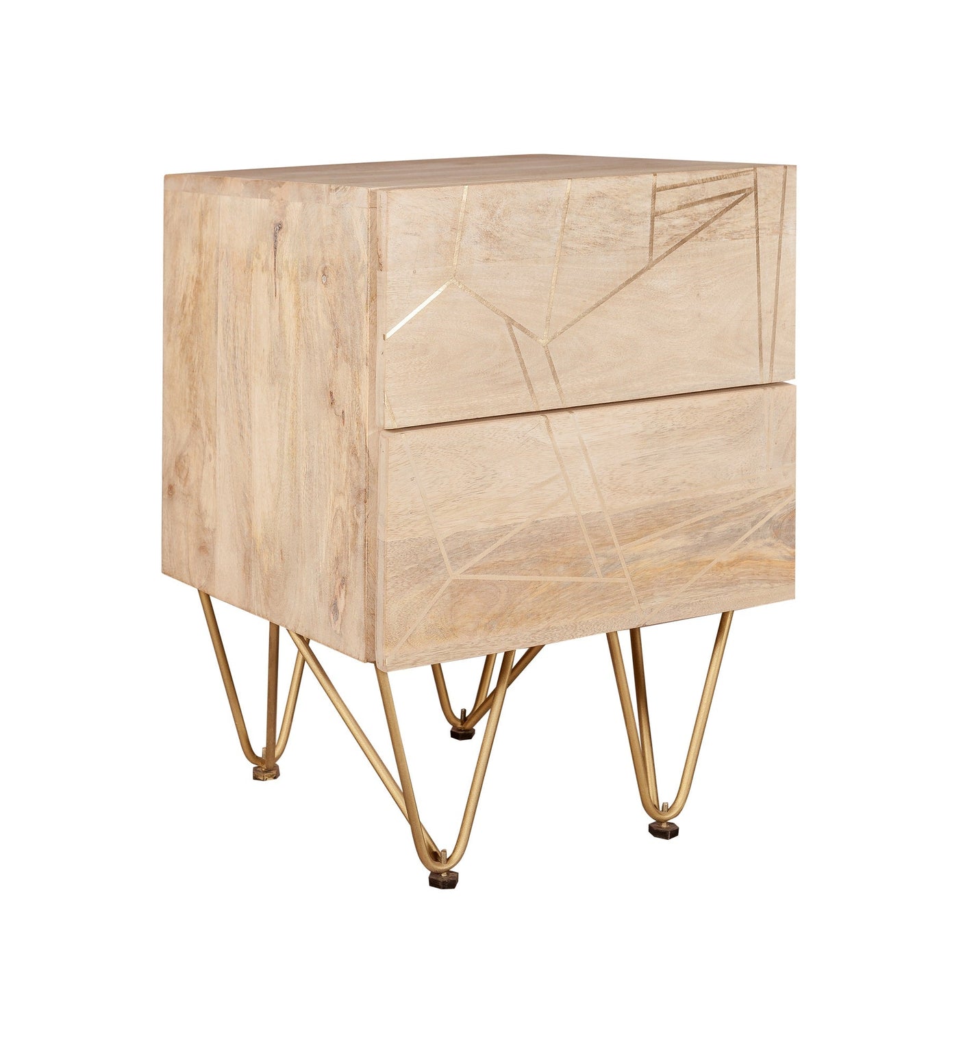 Modern light gold 2 drawer side table with metal inlay on solid wood