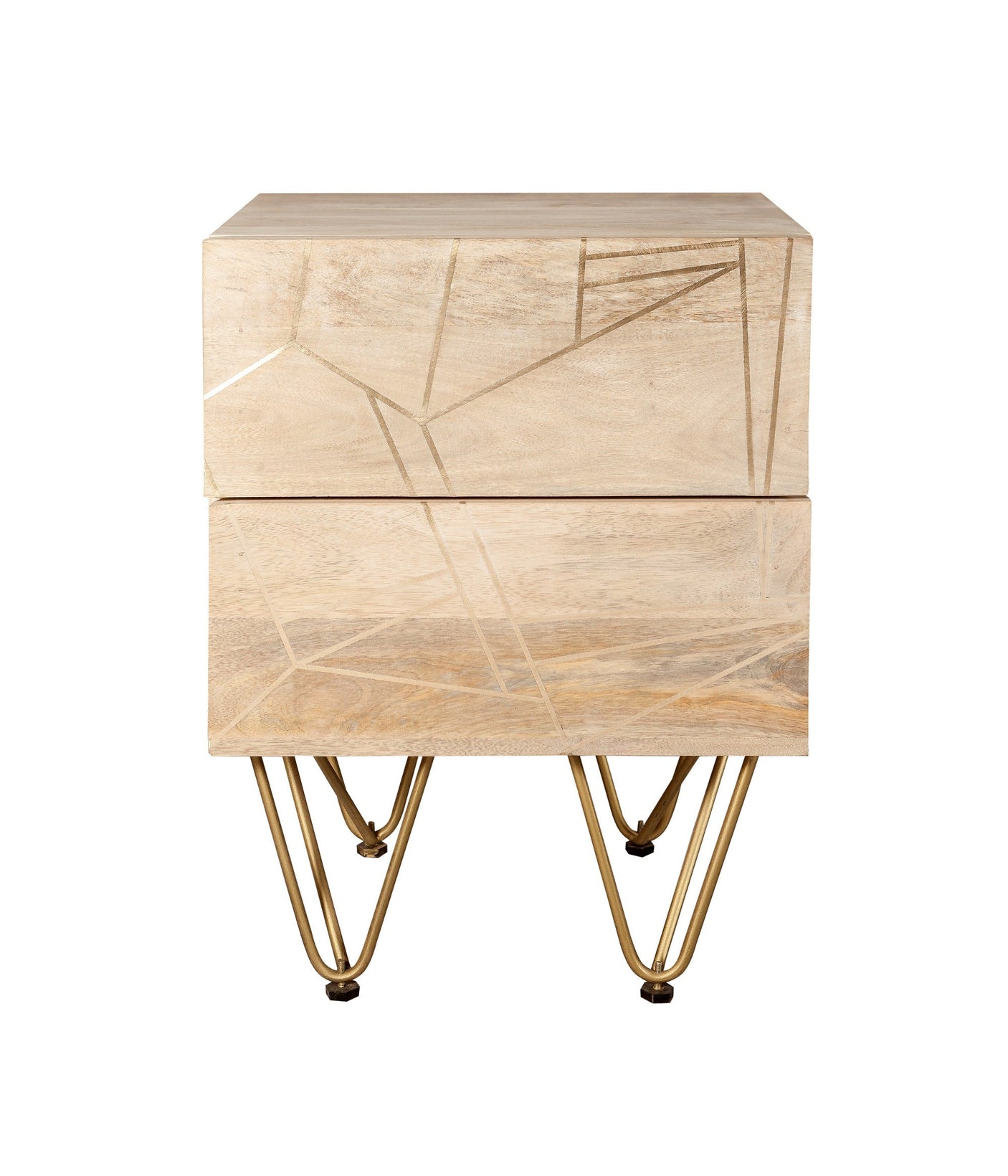 Modern light gold 2 drawer side table with metal inlay on solid wood