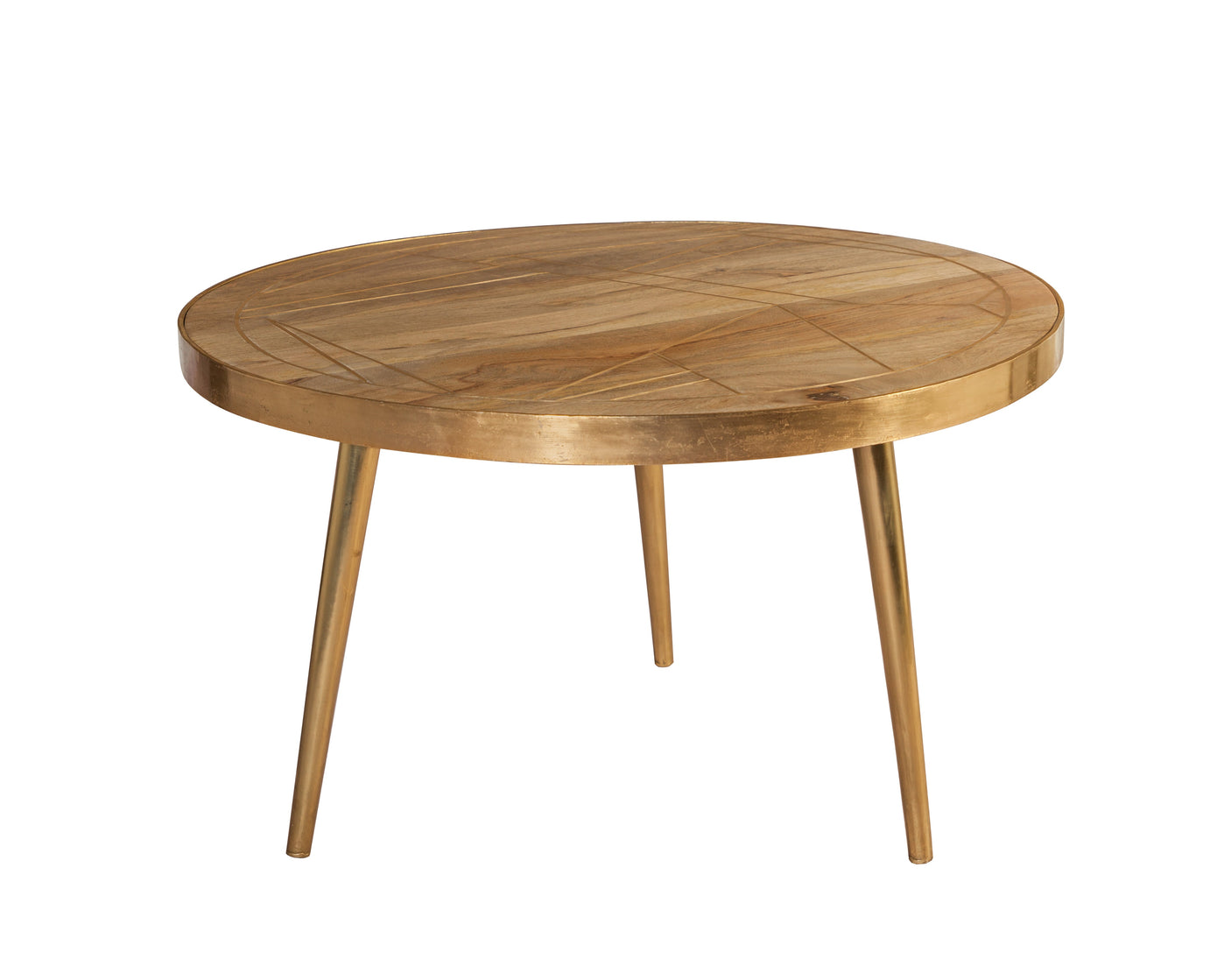 Light gold round coffee table made of solid mango wood with metal inlays