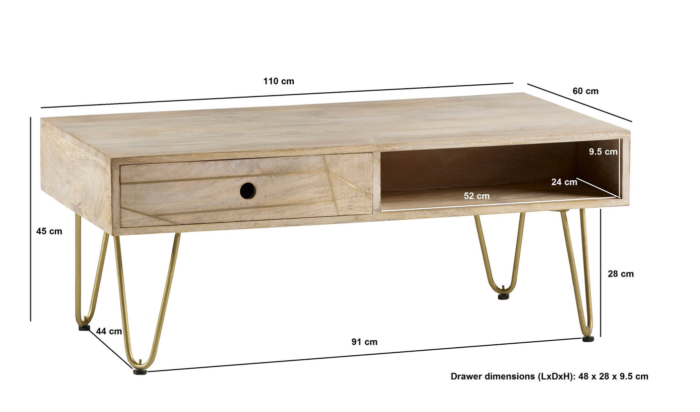 Light gold rectangular coffee table with drawer, solid mango wood and metal inlays