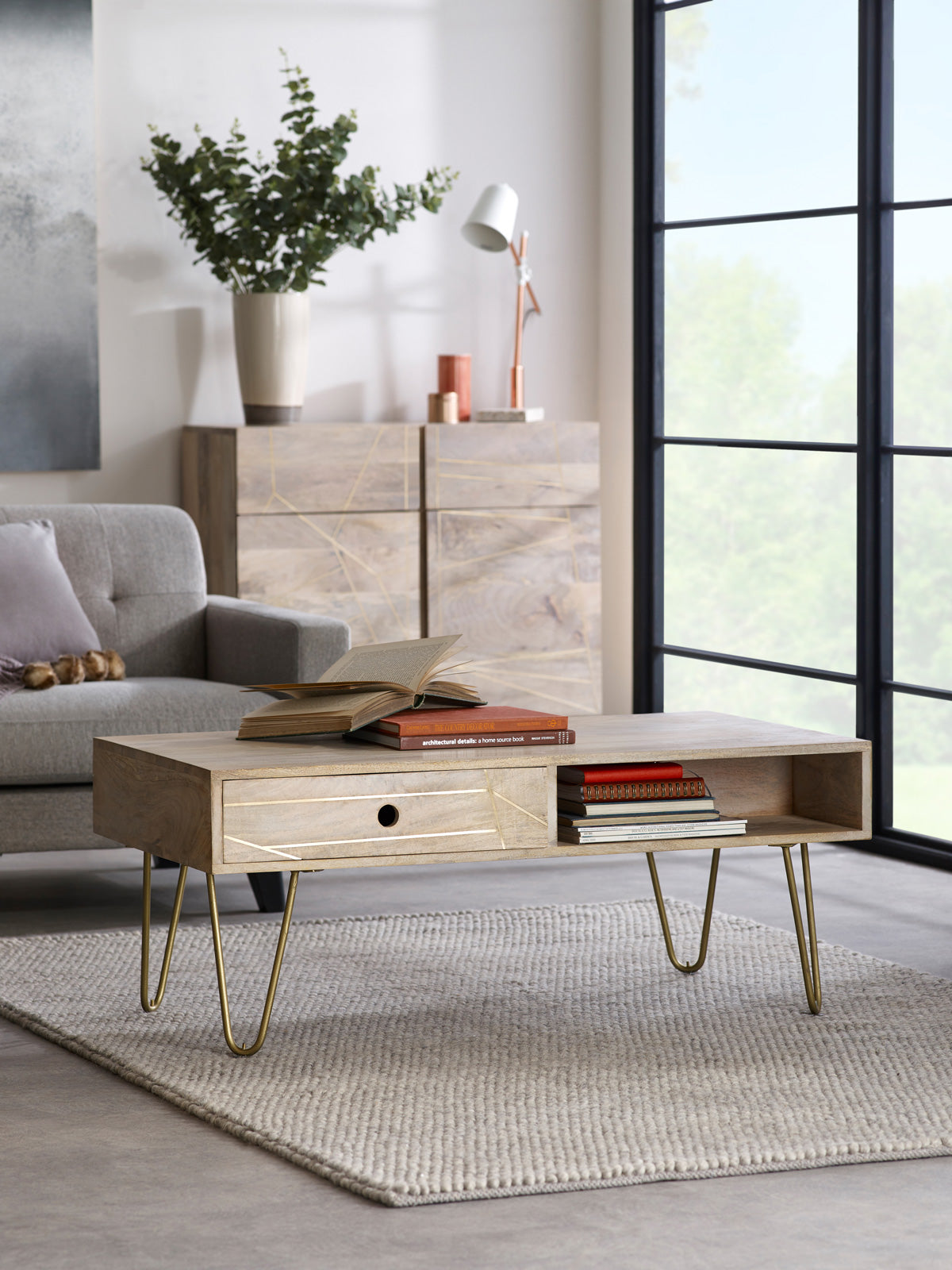 Light gold rectangular coffee table with drawer, solid mango wood and metal inlays