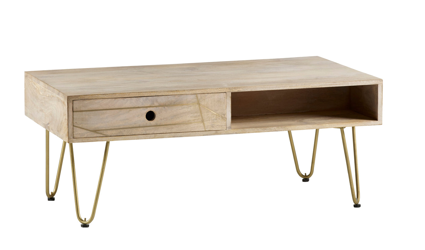 Light gold rectangular coffee table with drawer, solid mango wood and metal inlays