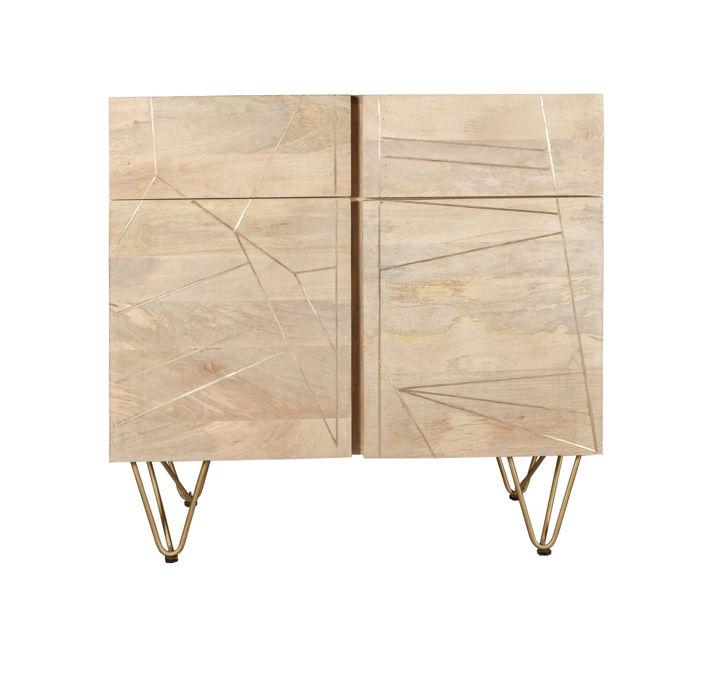 Light gold 2 door medium sideboard made of solid mango wood with metal inlays