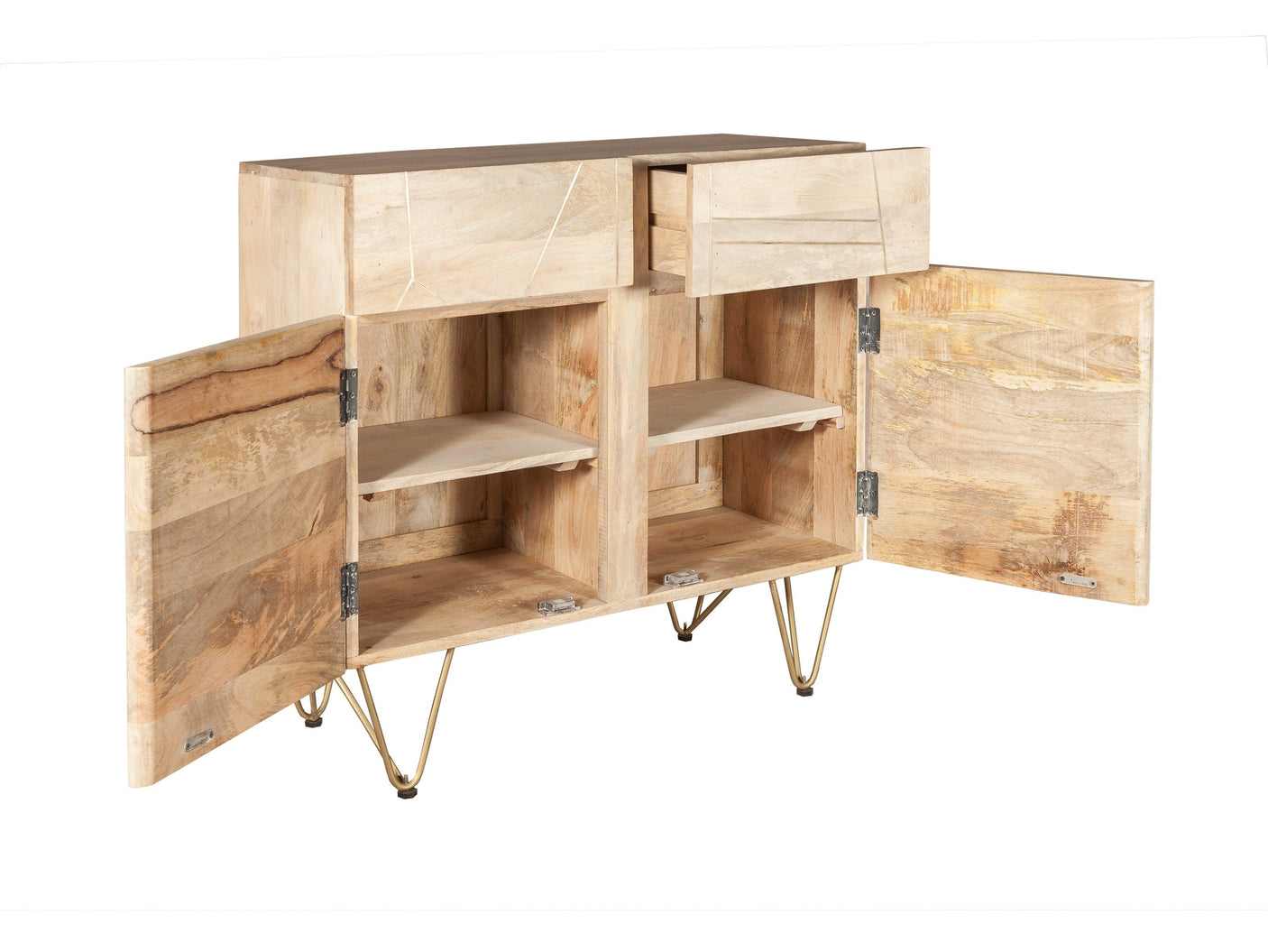 Light gold 2 door medium sideboard made of solid mango wood with metal inlays