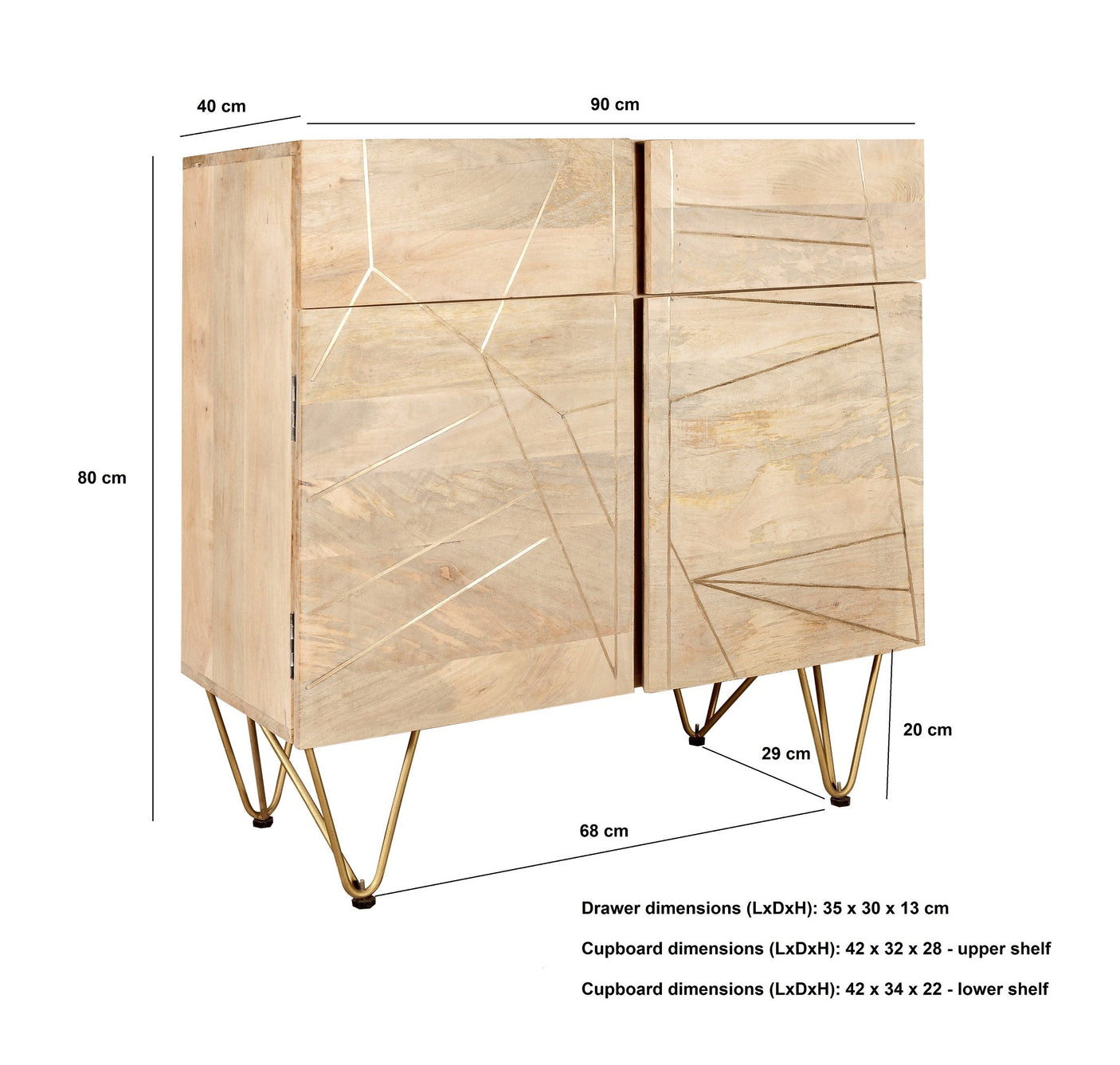 Light gold 2 door medium sideboard made of solid mango wood with metal inlays