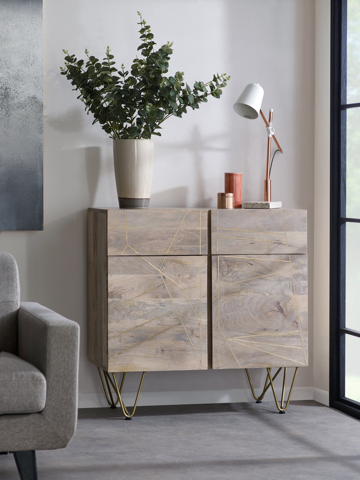 Light gold 2 door medium sideboard made of solid mango wood with metal inlays
