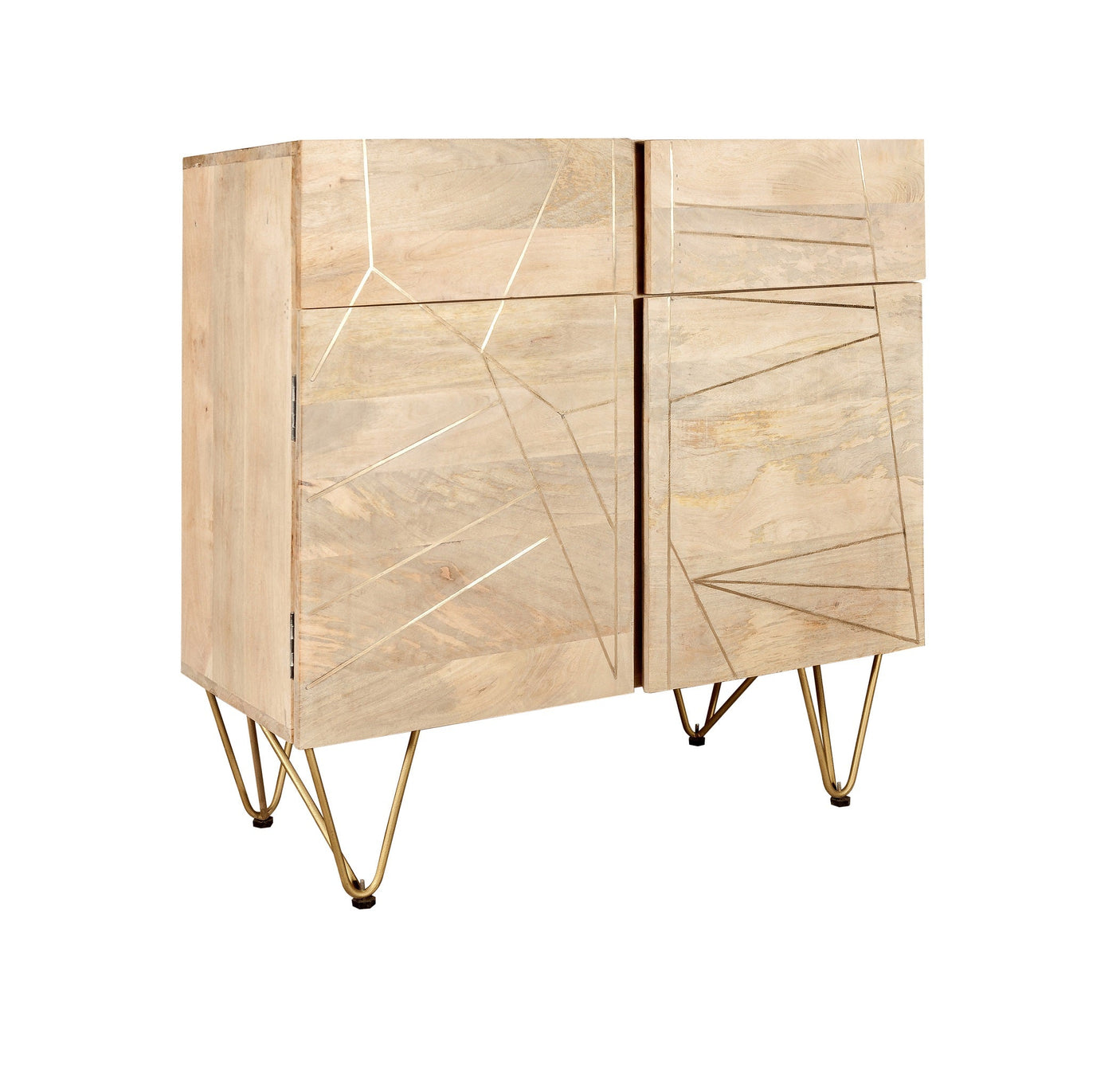 Light gold 2 door medium sideboard made of solid mango wood with metal inlays