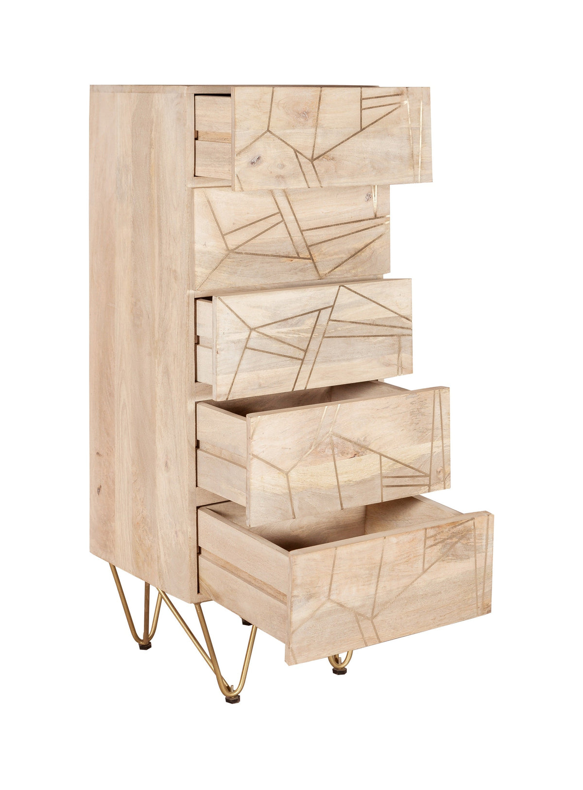 Light Gold Tall Chest of Drawers in solid mango wood with metal inlays