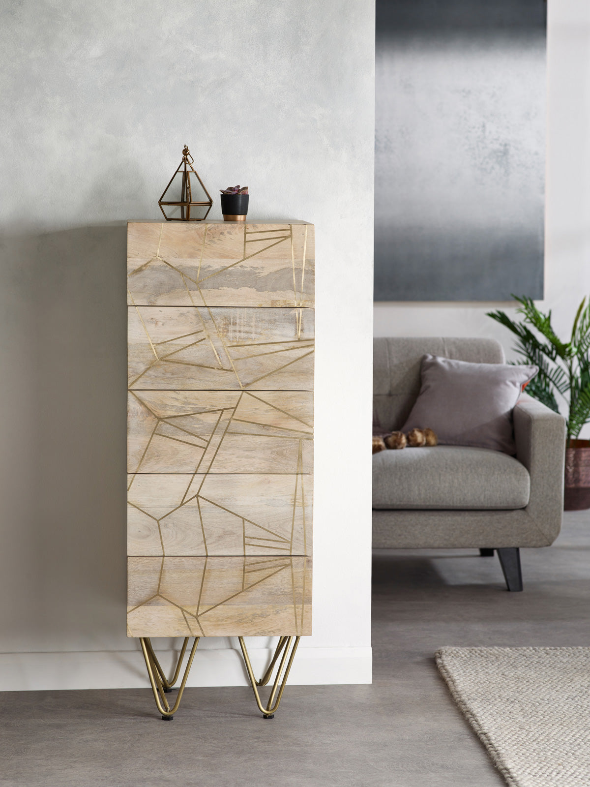 Light Gold Tall Chest of Drawers in solid mango wood with metal inlays