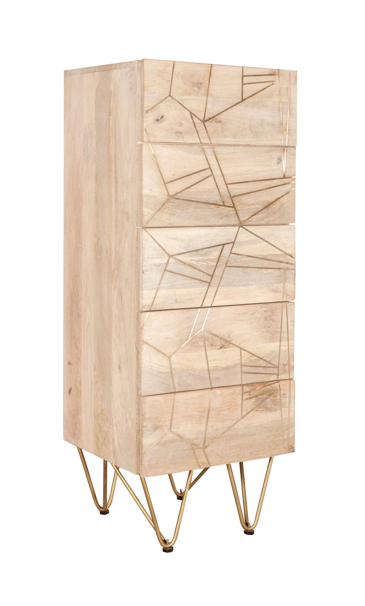 Light Gold Tall Chest of Drawers in solid mango wood with metal inlays