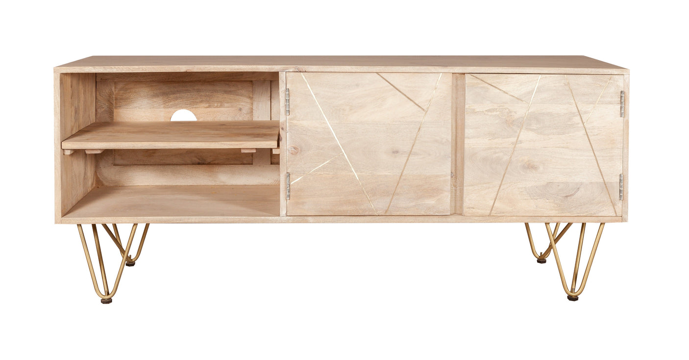Light Gold Plasma Media Unit made of solid mango wood with metal inlays
