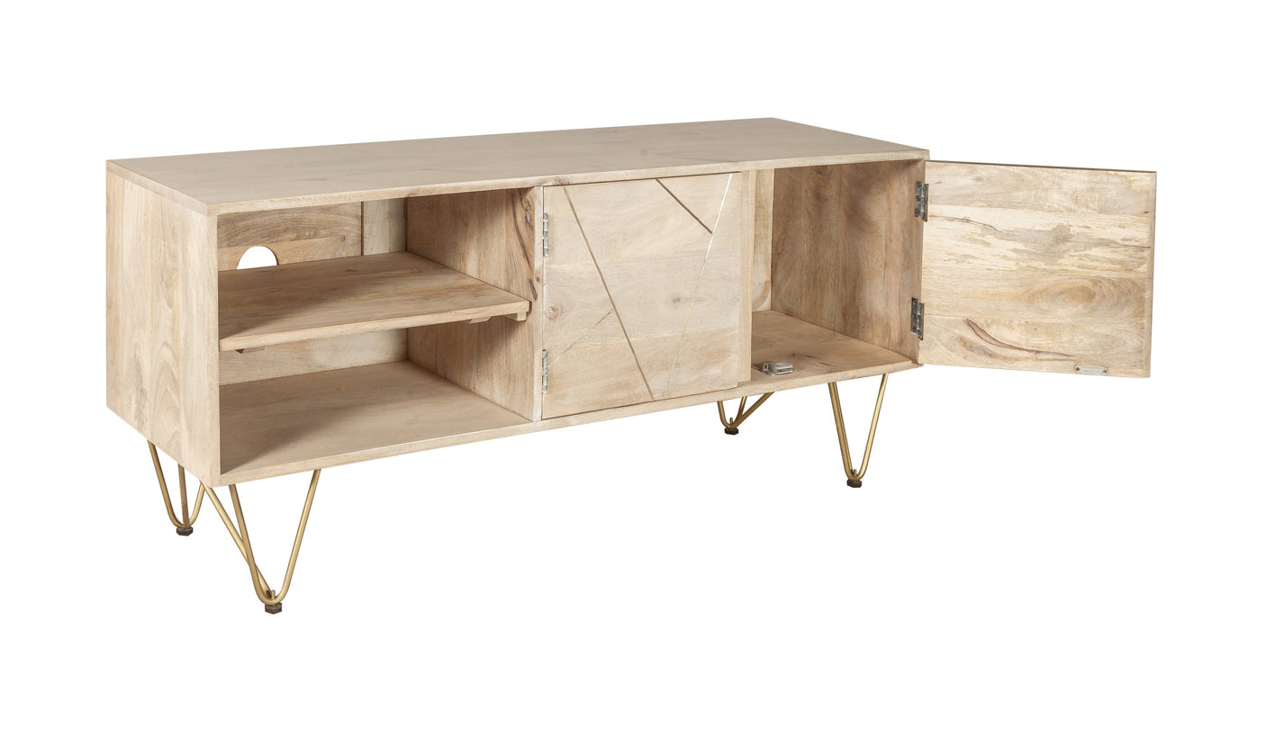Light Gold Plasma Media Unit made of solid mango wood with metal inlays