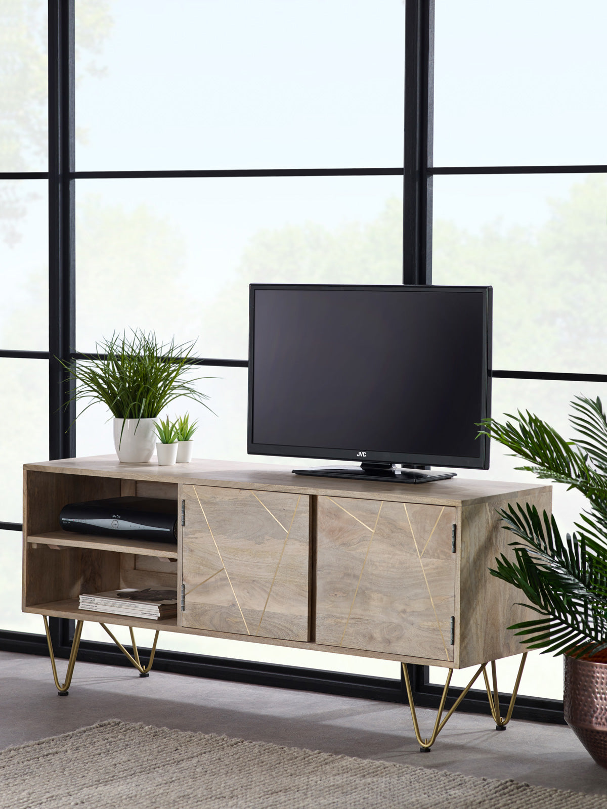 Light Gold Plasma Media Unit made of solid mango wood with metal inlays