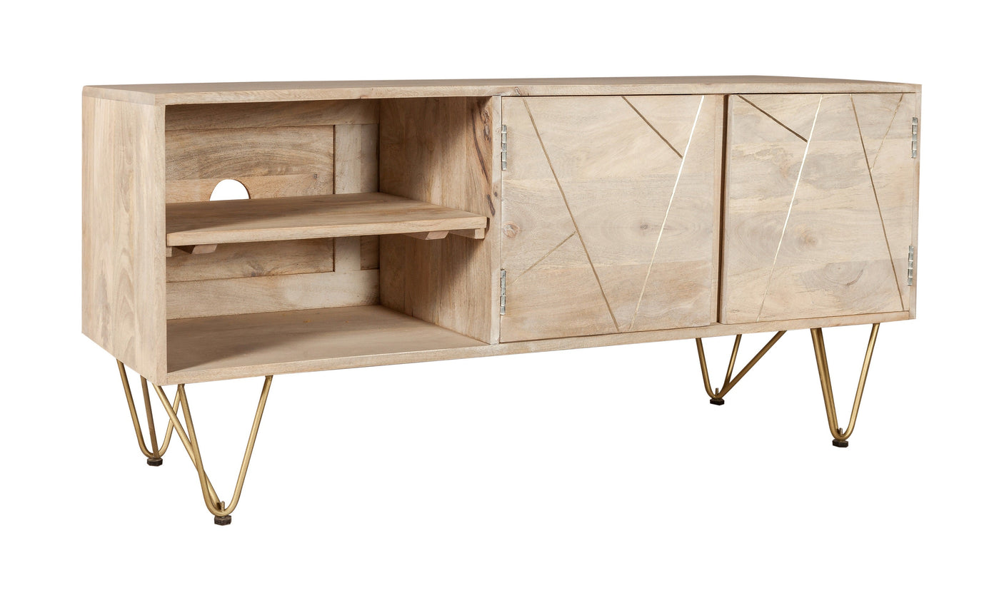 Light Gold Plasma Media Unit made of solid mango wood with metal inlays