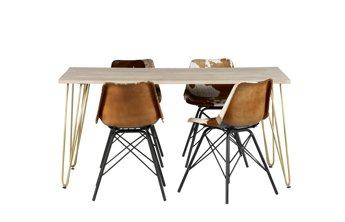 Modern light gold dining table with metal inlays and solid mango wood